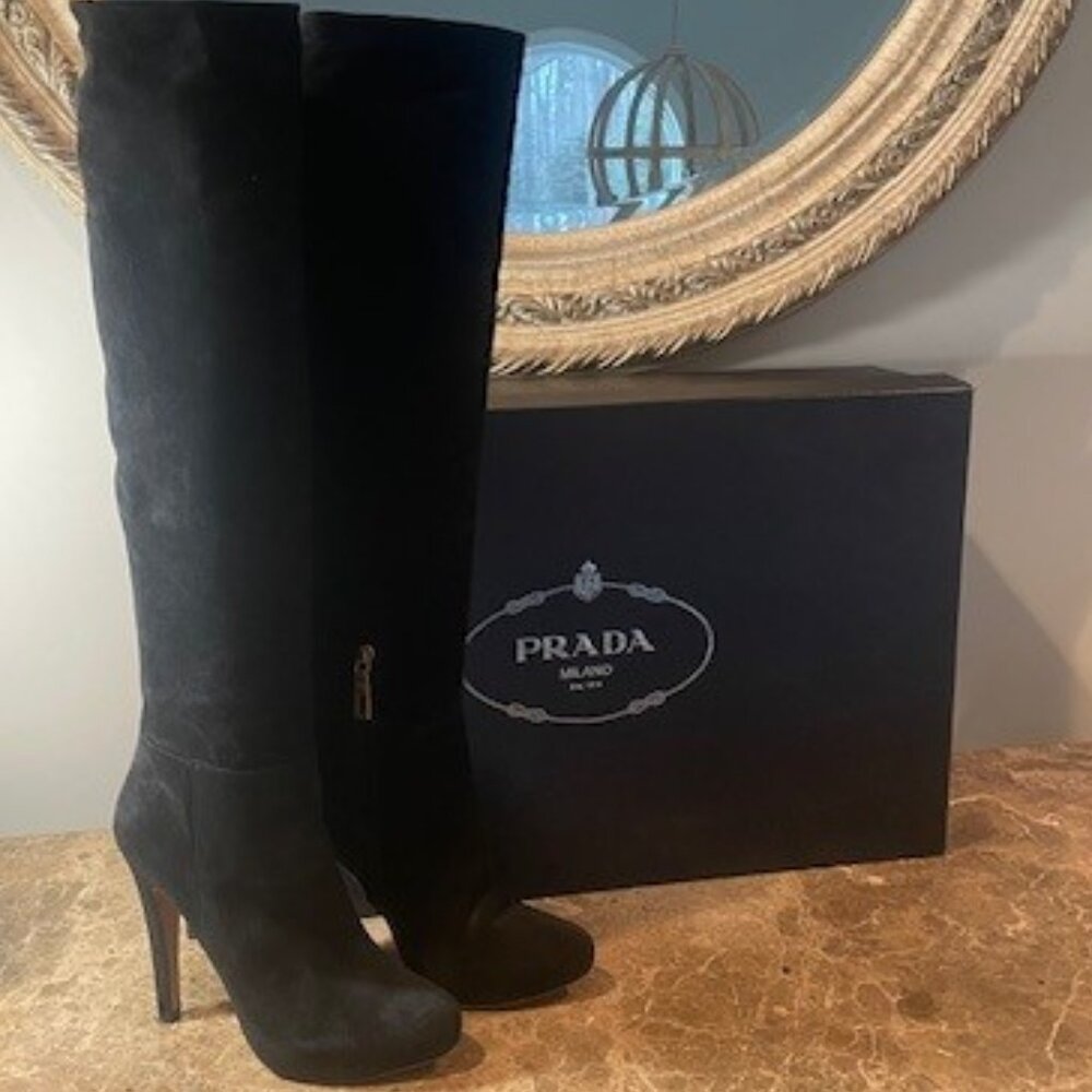 Prada Black Suede Scamosciato Over the Knee Boots – Sz 7.5